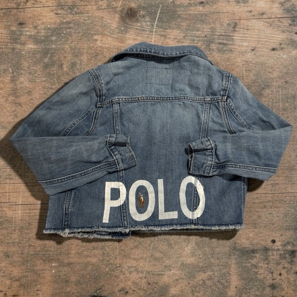 Polo Ralph Lauren Denim Cropped Trucker Jacket Spellout Hem Girls Tweens Sz 8 Sm